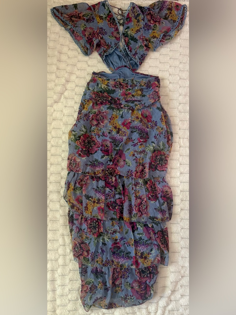 Boohoo Floral Dobby Cut Out Ruffle Maxi Dress Blue Boho Size 6 - Picture 7 of 10